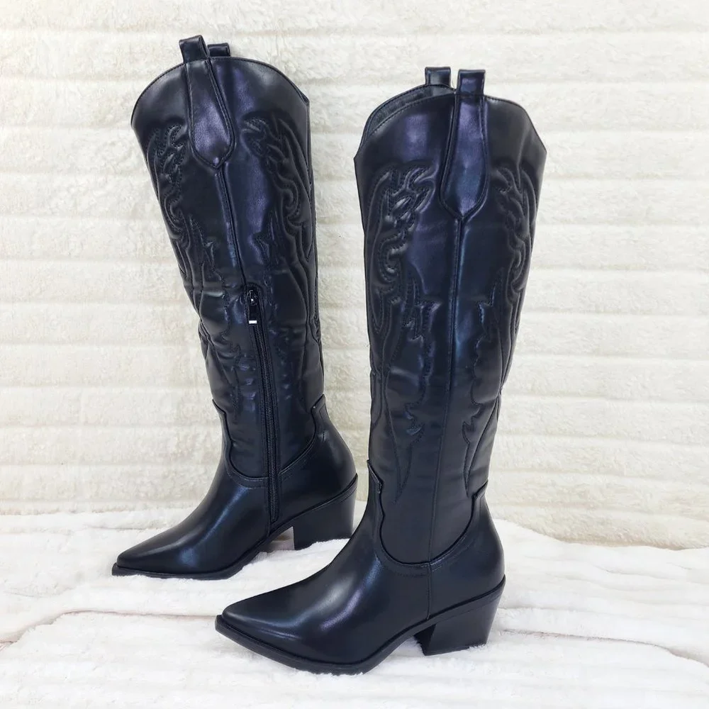 Dalton Black Leatherette Knee High Western Cowboy Cowgirl Boots Wood Block Heels